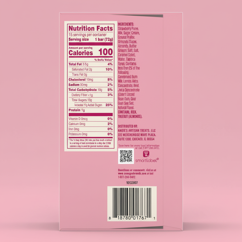 Angie's Boom Chicka Pop Strawberry Almond & Cream Bars back label with nutrition facts